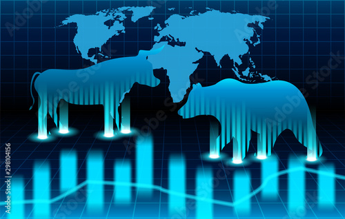 Stock market and exchange of world. Bull Market Vs. Bear Market . Candle stick graph chart of stock market investment trading. blue background. Vector.