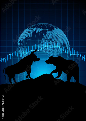 Stock market and exchange of world. Bull Market Vs. Bear Market . Candle stick graph chart of stock market investment trading. blue background. Vector.