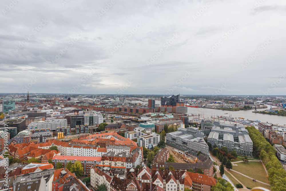 Aerial View of Hamburg Cityscapes in a Cloudy Day, Hamburg, Germany