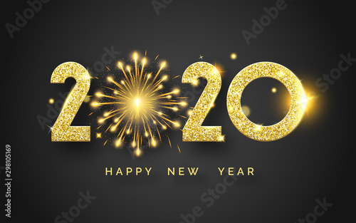 Happy New Year 2020. Background with shining numerals and fireworks. New year and Christmas card illustration on black background. Holiday illustration of golden textured numbers 2020