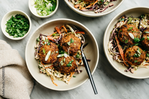 Ginger Pork Meatballs over Asian Slaw photo