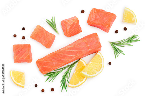 Slice of salmon with rosemary and lemon isolated on white. Top view. Flat lay ,copyspace for text