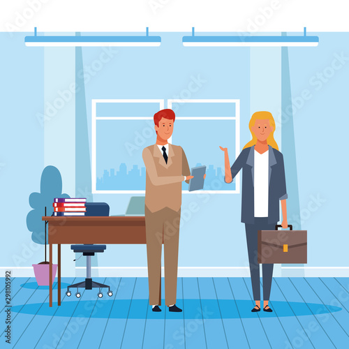 businessman and woman working in the office, colorful design