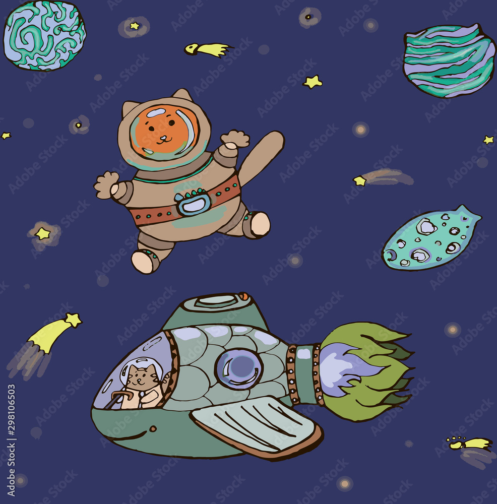 Cat in space. Hand-drawn, ginger cat astronaut, spaceship, planets, stars.  Galaxy. Clip art. Cartoon cute cosmos illustration. Starry sky background.  Design for kids wallpaper, banner, poster Stock Illustration | Adobe Stock