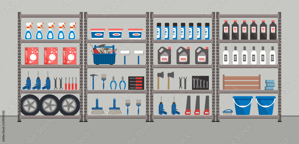 Shelving with household goods. Warehouse racks. Storeroom. There are tools, boxes, buckets, brushes, bottles and other things in the picture. Vector illustration.