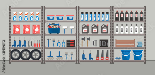 Shelving with household goods. Warehouse racks. Storeroom. There are tools, boxes, buckets, brushes, bottles and other things in the picture. Vector illustration.