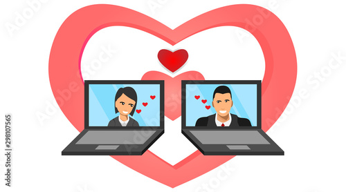 male and female appear on the laptop screen with the symbol of love. social media between laptops. a love affair through a laptop. illustration of digital social media relations. vector