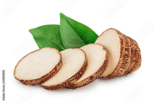 fresh taro root sliced with leaf isolated on white background photo