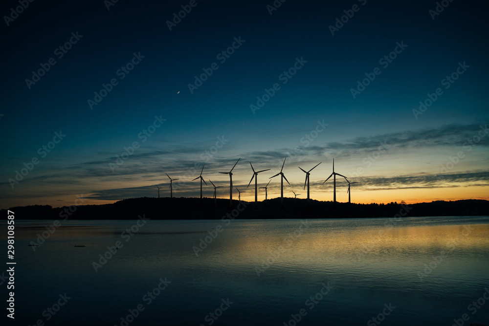 Wind turbines motion landscape sunset