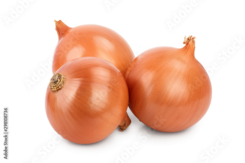 three yellow onion isolated on white background close up