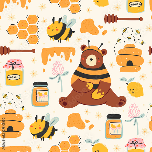 Set of cute bee, tasty healthy honey, jars, hive, honey spoon, flower, bear, honeycomb. Hand drawn colored trendy vector illustration. Cartoon style. Flat design. Seamless pattern