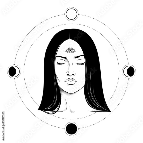 Beautiful brunette woman with third eye over the moon phases circle line art and dot work print or tattoo design vector illustration.