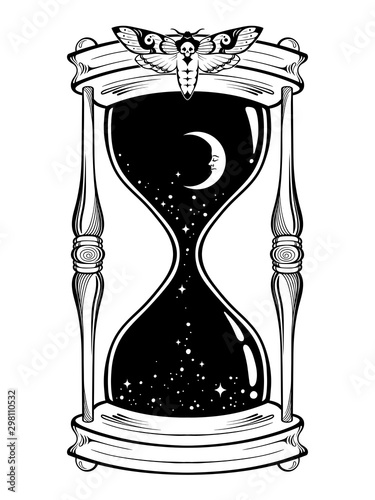 Hand drawn line art hourglass with moon and stars isolated boho sticker, print or blackwork tattoo design vector illustration.