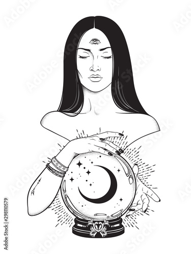 Beautiful prophetess with third eye reading magic crystal ball with crescent moon line art and dot work. Boho chic tattoo, poster, tapestry or altar veil print design vector illustration.