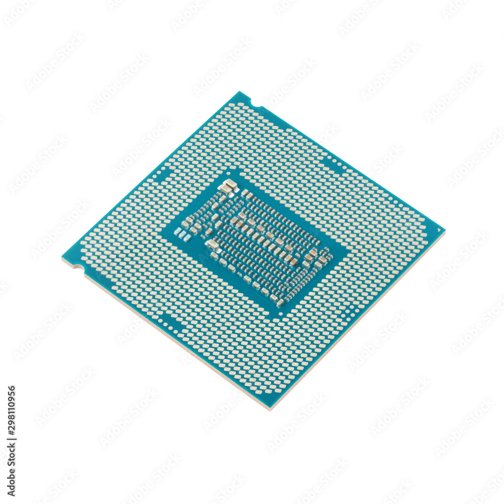 Modern computer processor, modern central processing unit, CPU, isolated on white background. Close-up macro shot. Backside view. Modern computer processor, modern central processing unit, CPU, isolated on white background. Close-up macro shot. Backside view.
