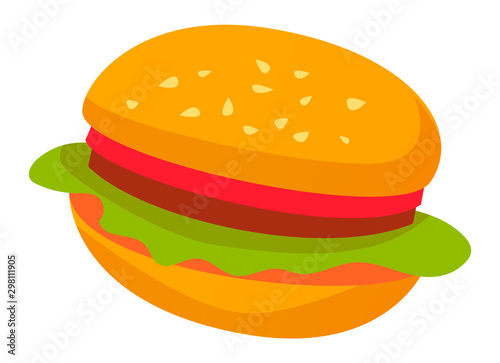 Fast food sign, isolated burger icon. Bun with sesame and lettuce salad leaves and tomato, meat and stuffing. Tasty filling meal snack. Vector illustration in flat cartoon style