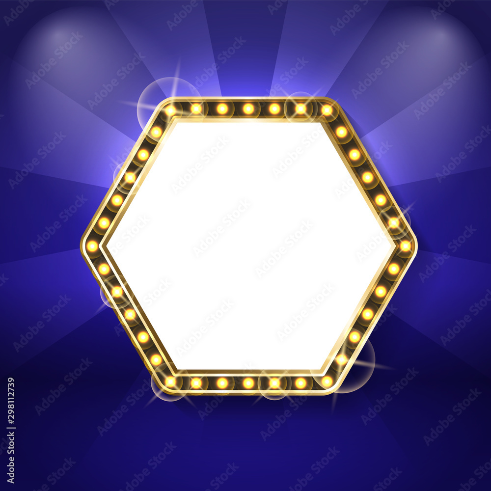 Hexagon frame with neon light bulbs isolated on blue background with rays. Vector sexangle blank framing, sparkling border, empty banner for text.