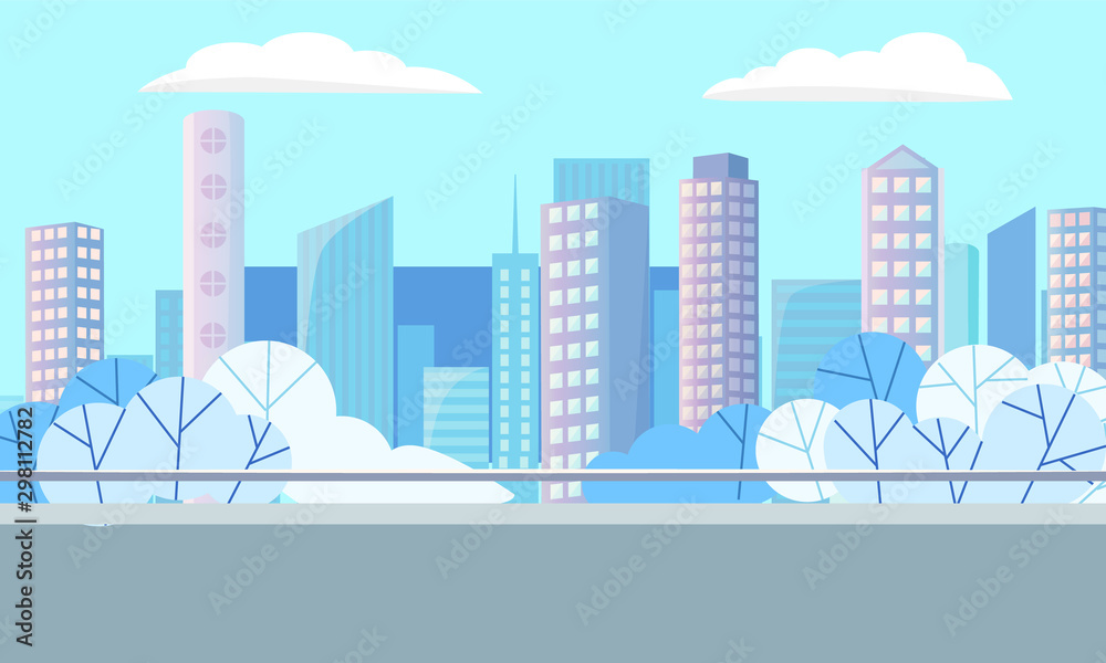 Obraz premium Skyscraper construction, high buildings and trees in city, modern architecture. Downtown panoramic view, district with park, cityscape in blue winter color vector. Flat cartoon