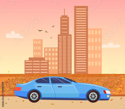Fototapeta Naklejka Na Ścianę i Meble -  City in sepia, vehicle transportation in autumn town. Cityscape with skyscrapers and high buildings, autumnal park and flying birds in autumn sky. Vector illustration in flat cartoon style