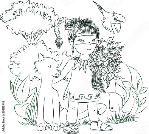  Mexican girl, line drawing, cute cartoon.