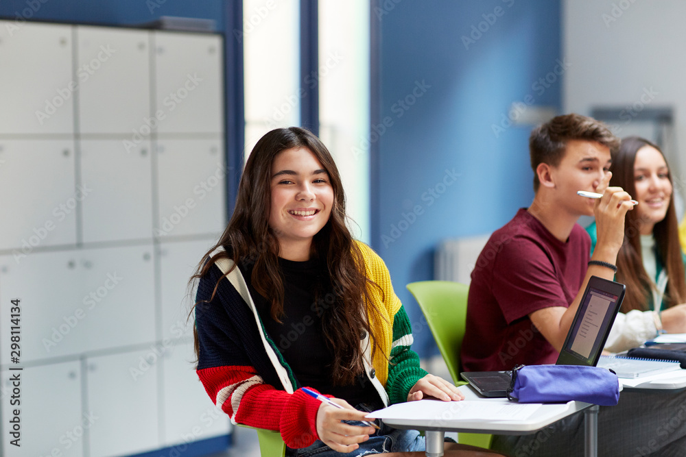 Teenage students smiling in the classroom Teenage students smiling in the classroom