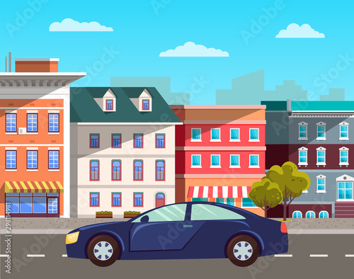 Transportation vehicle  sports car in old town on road. Antique buildings with windows and entrances  apartments and vintage city decoration. Vector illustration in flat cartoon style