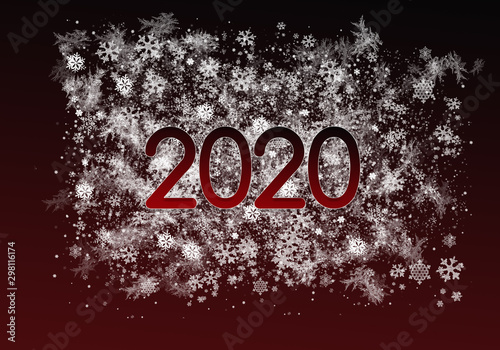 New year-2020. New year`s composition, the concept of the New year. Inscription 2020 red background with painted snow and snowflakes. Illustration, copy space. photo