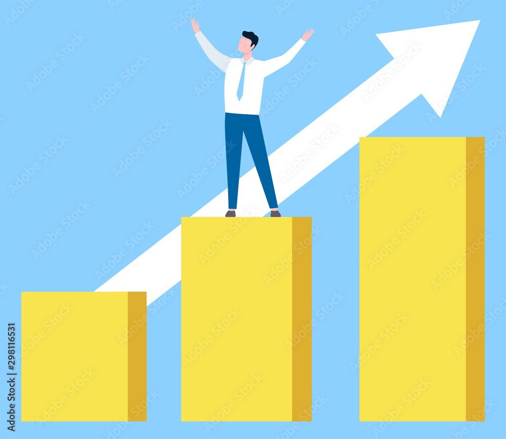 Worker man standing on growth graph, rising arrow. Businessman success of creative idea, employee leadership, business developer, profit symbol. Vector illustration in flat cartoon style Worker man standing on growth graph, rising arrow. Businessman success of creative idea, employee leadership, business developer, profit symbol. Vector illustration in flat cartoon style