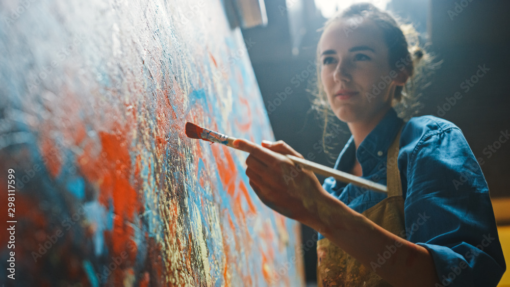 Female Artist Works on Abstract Oil Painting, Moving Paint Brush