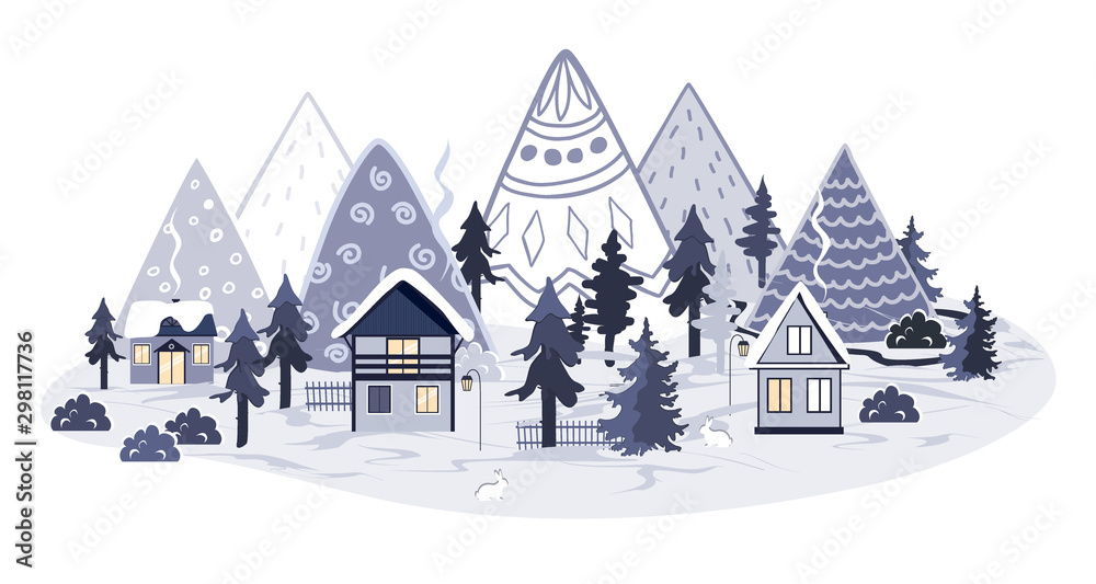 Doodle cartoon mountains landscape with houses and forest. Perfect for cards, invitations, wallpaper, banners, children room decoration. Scandinavian vector background