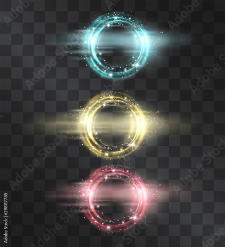 Neon circle flare frame with glowing tail of shining stardust sparkles, festive illumination. Glistening blizzard energy ring flows in motion, outer space light effect portal. Luxurious design element