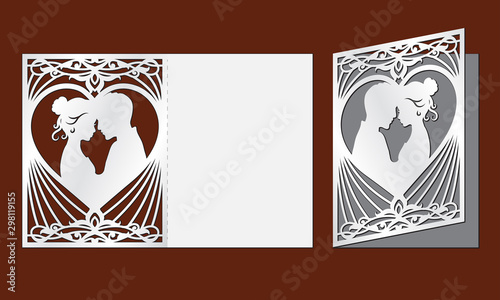 Laser cut template of wedding invitation with bride and groom in the heart frame. Fold card with openwork vector silhouette. Couple in love in lace decor panel. Faces in profile at Valentine's day.