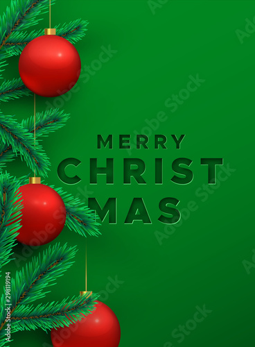 Merry Christmas card 3d pine tree and red bauble