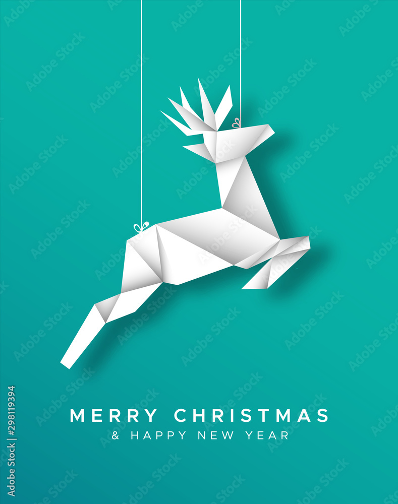 Christmas New Year reindeer paper origami card - obrazy, fototapety, plakaty 