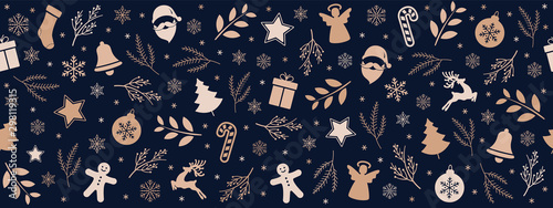 Christmas icon elements border pattern blue background.