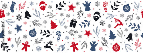 Christmas icon elements border pattern isolated white background.