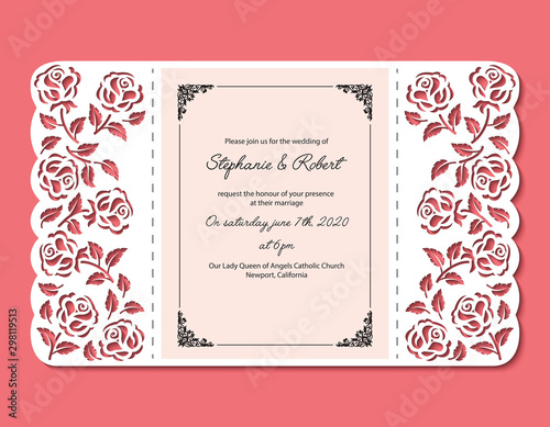 Fototapeta Laser cut template of wedding invitation with roses