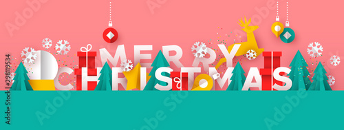 Merry Christmas banner of paper cut toy landscape