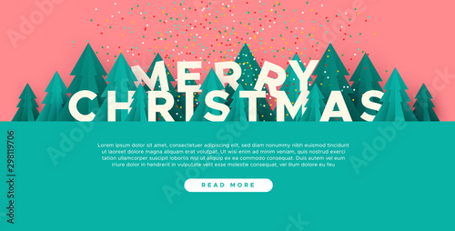 Merry Christmas web template paper cut pine tree