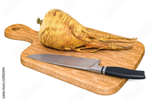 Parsnip or pastinaca sativa lies on a wooden board next to a knife, 3D rendering