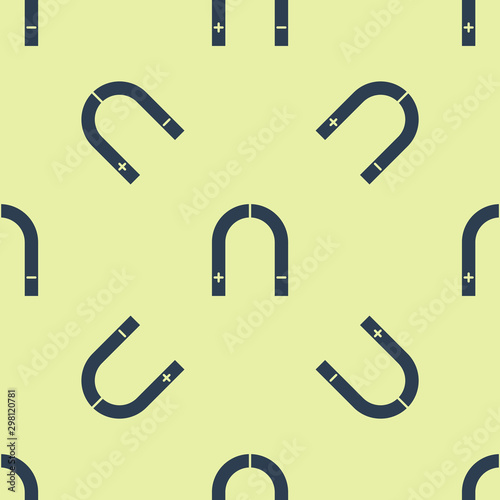 Blue Magnet icon isolated seamless pattern on yellow background. Horseshoe magnet, magnetism, magnetize, attraction. Vector Illustration