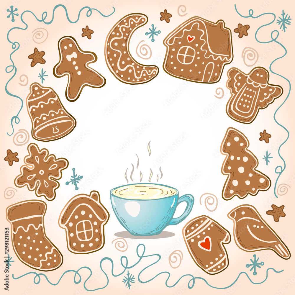 Holiday Collection. Gingerbread Christmas Cookies. Snowflake, sock, moon, ball, bird, angel, home, trees. Merry Christmas. New Year. Template for greeting card, postcard with space for text. Vector Holiday Collection. Gingerbread Christmas Cookies. Snowflake, sock, moon, ball, bird, angel, home, trees. Merry Christmas. New Year. Template for greeting card, postcard with space for text. Vector