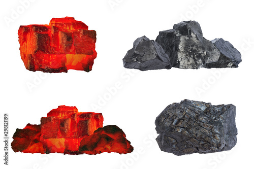 Set of raw coal nugetts isolated on white background. Group of coal bars with red and black pieces in hot and cold condition. Red hot burning and cold black coal mine close up isolated on white.