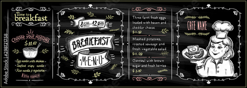 Chalkboard breakfast menu set with graphic chef cook portrait