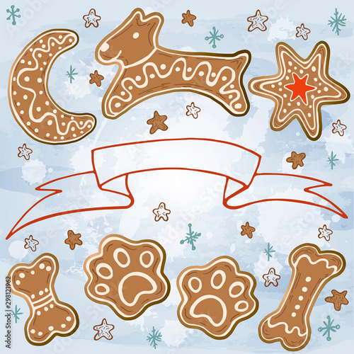 Holiday Collection. Gingerbread Christmas Cookies. Snowflake, moon, stars, bone, foot, dog. Merry Christmas. New Year. Template for greeting card, postcard with space for text. Vector illustration.