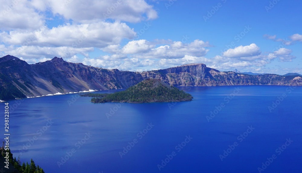 Deep Blue Lake and Mountains Wizard Island in Crater Lake Oregon USA