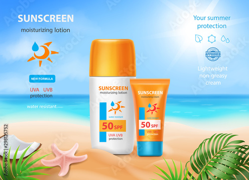 Sun protection sunscreen advertising. Sunblock cream tube on summer beach background.