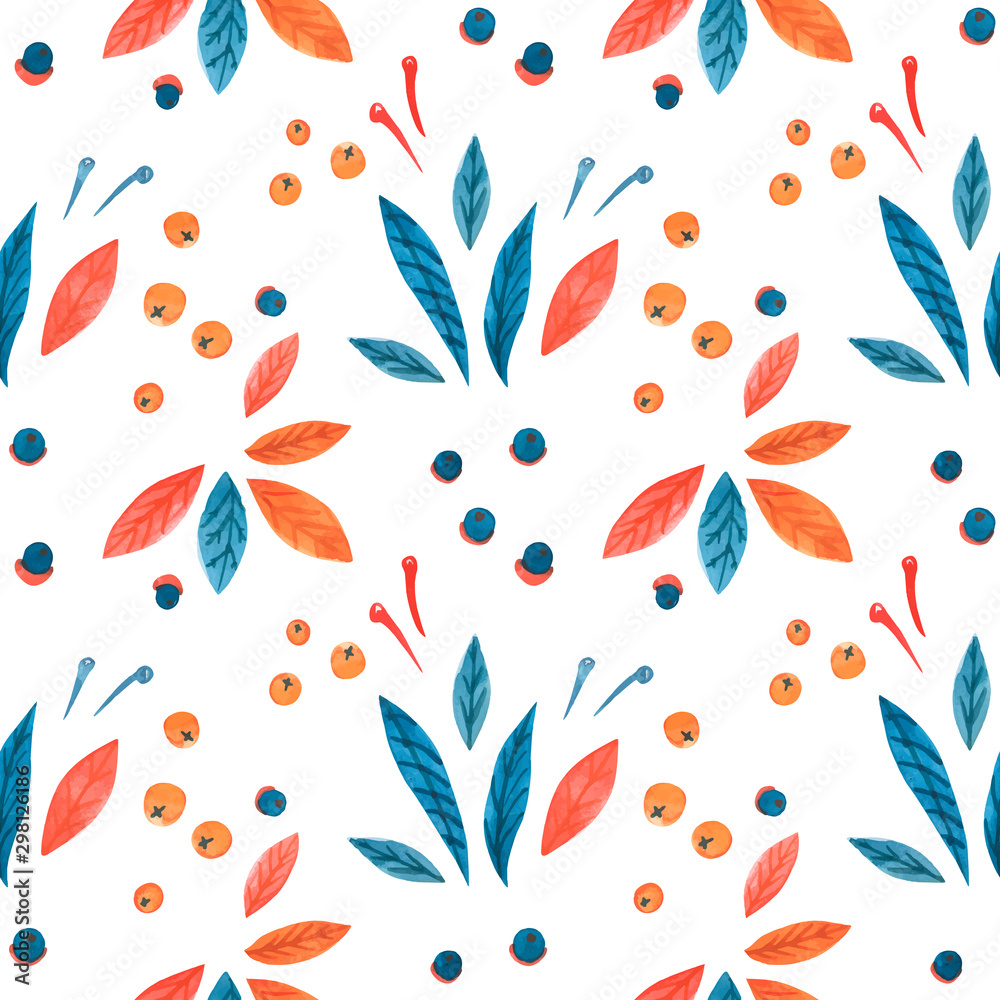 Christmas watercolor seamless patterns with poinsettia leaves