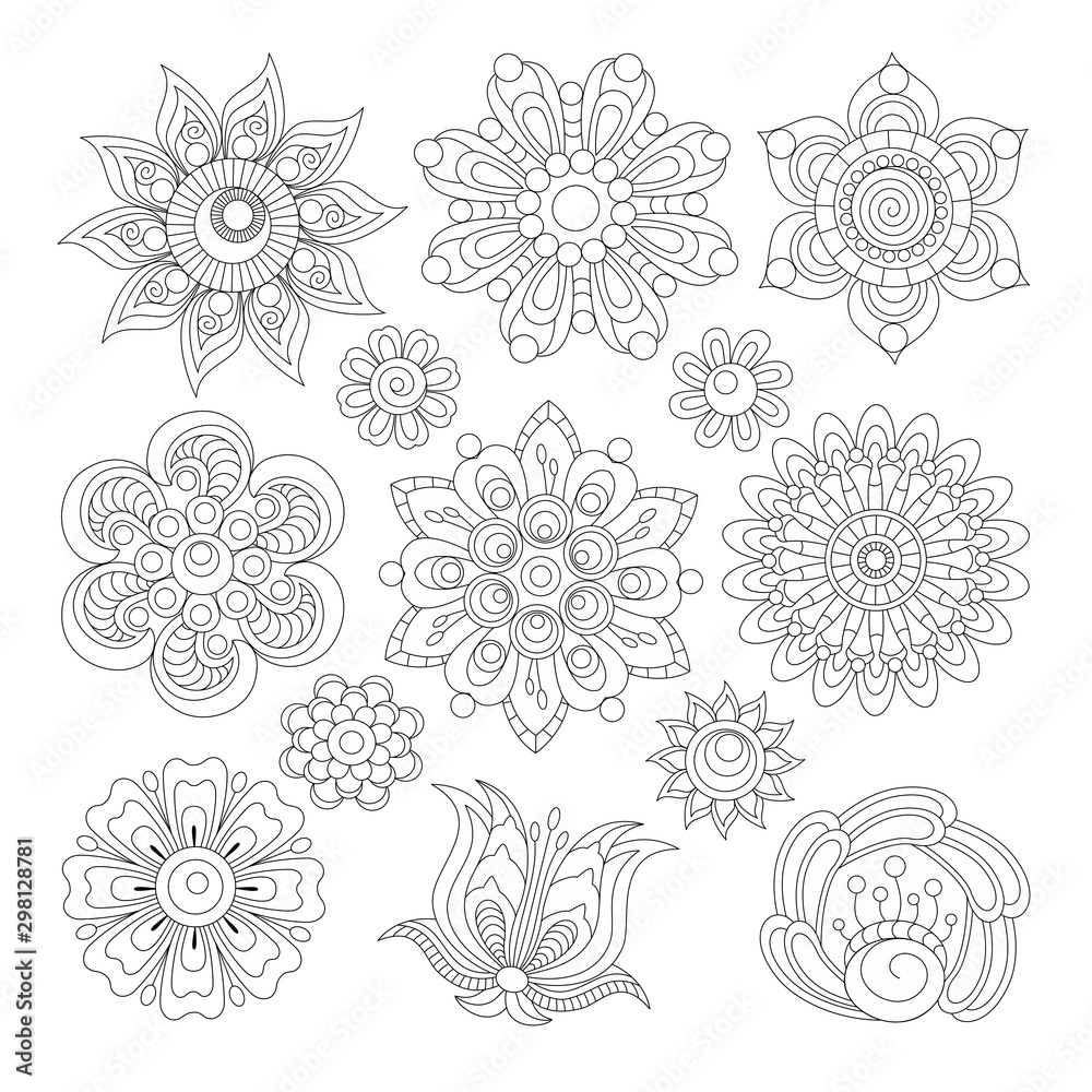 Floral collection in zentangle style (set 1), for coloring page. Design elements,  coloring books ideas. Original zentangle art illustration. 