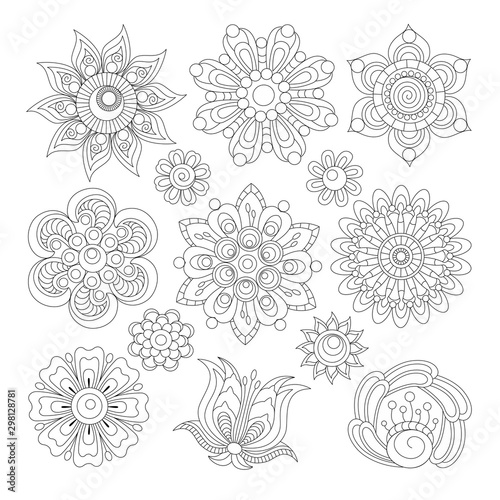 Floral collection in zentangle style (set 1), for coloring page. Design elements, coloring books ideas. Original zentangle art illustration. 
